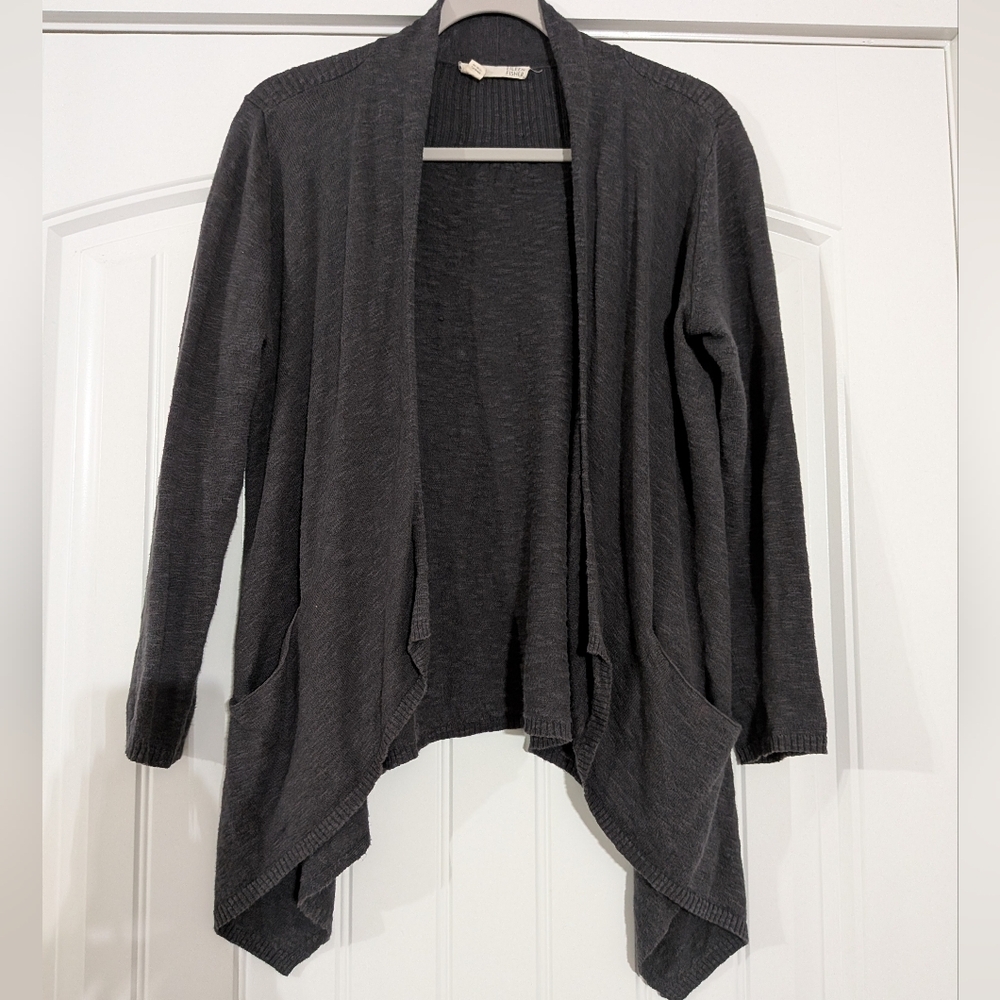 Eileen Fisher Charcoal Linen Cotton Blend Long Sleeve Open Front Cardigan